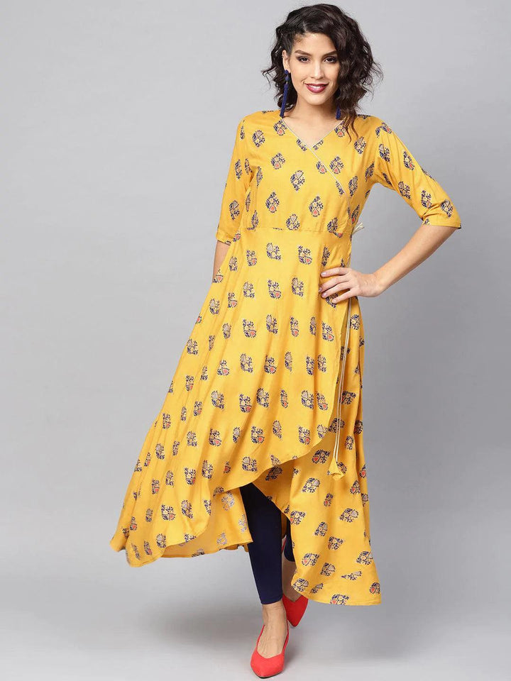 Yellow Printed Rayon Kurta
