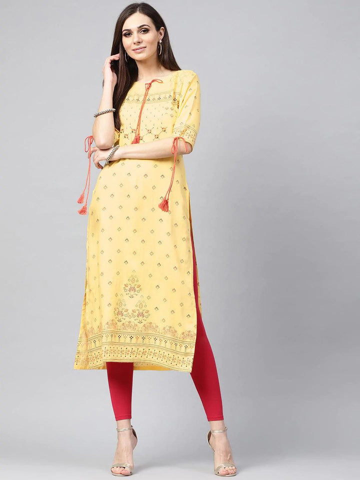 Yellow Printed Rayon Kurta