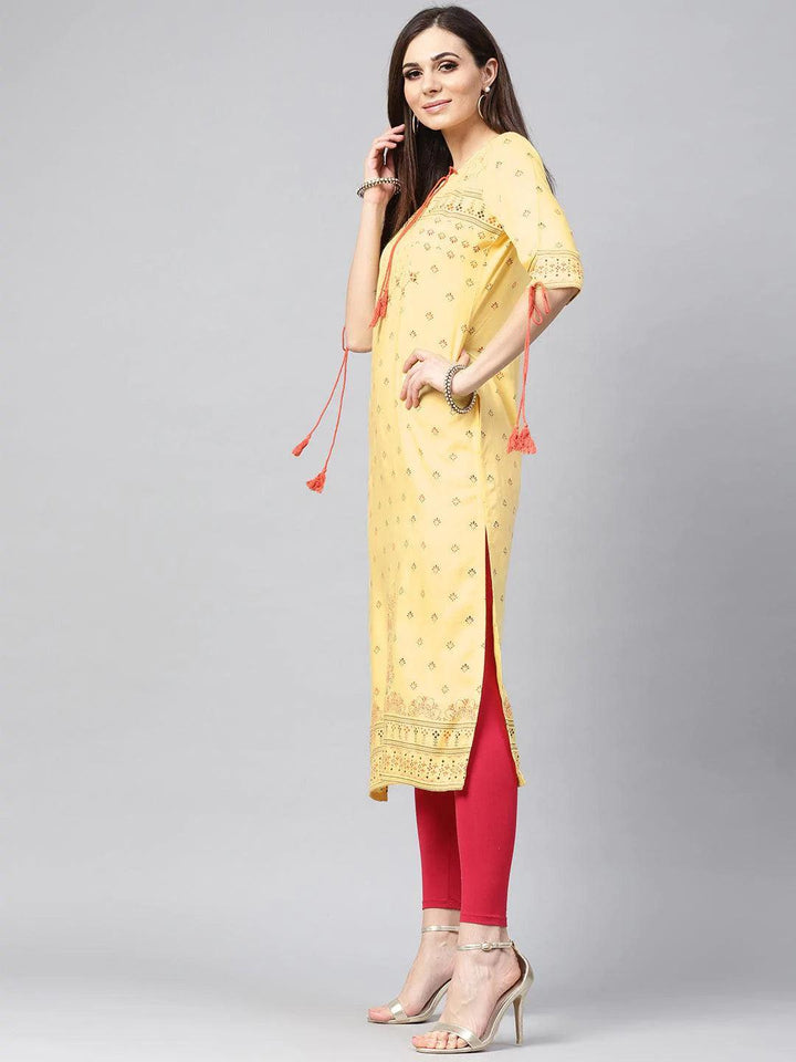 Yellow Printed Rayon Kurta