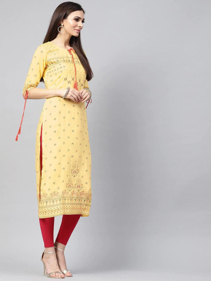 Yellow Printed Rayon Kurta