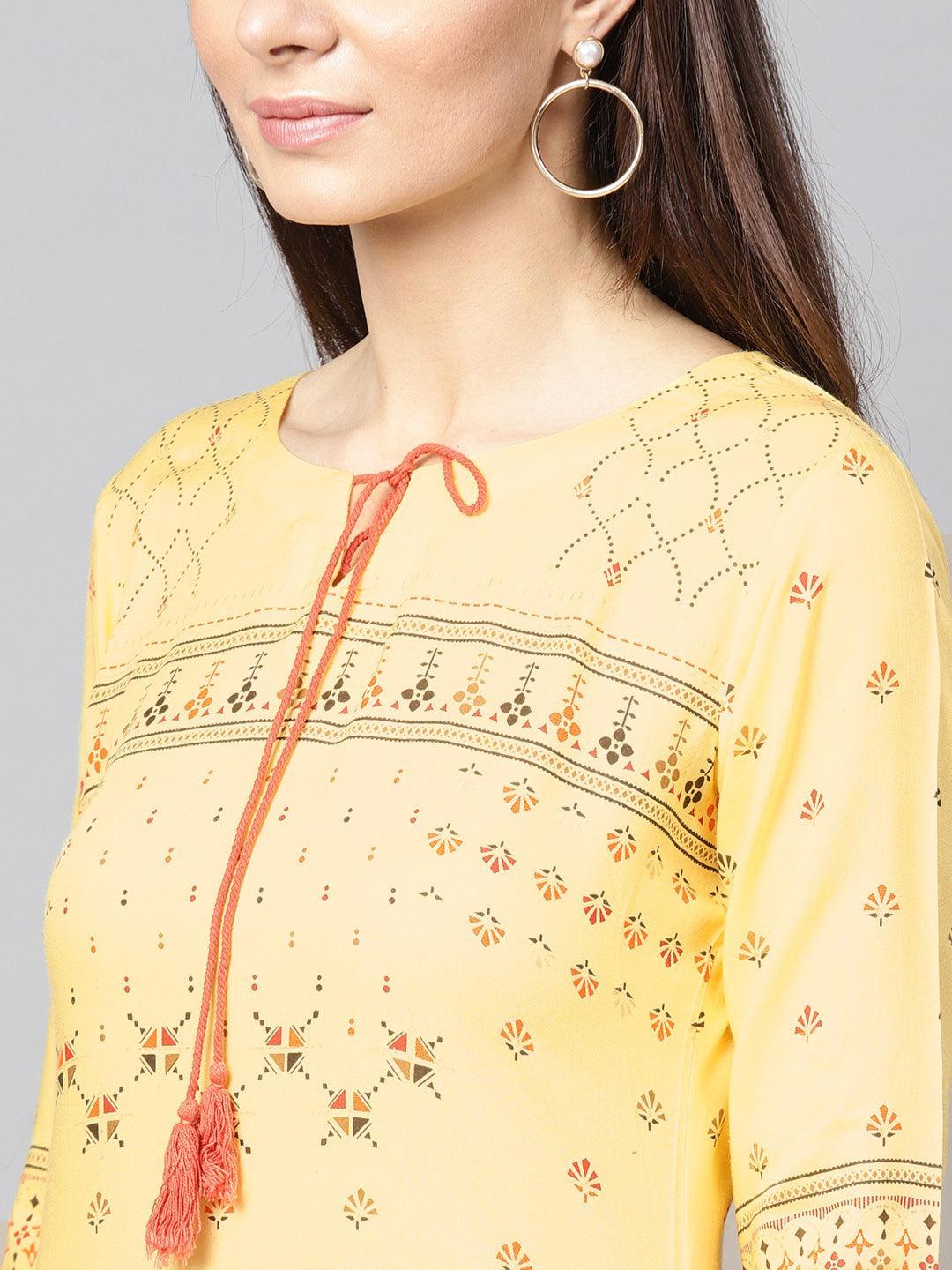 Yellow Printed Rayon Kurta - ShopLibas