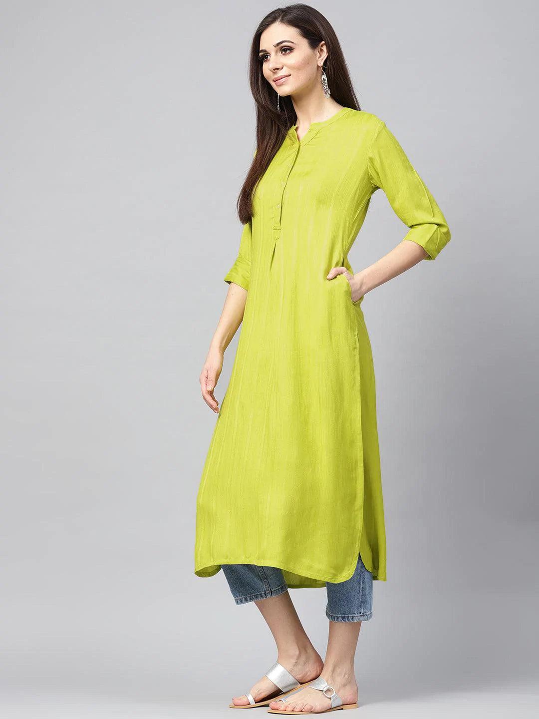 Green Solid Rayon Kurta - ShopLibas