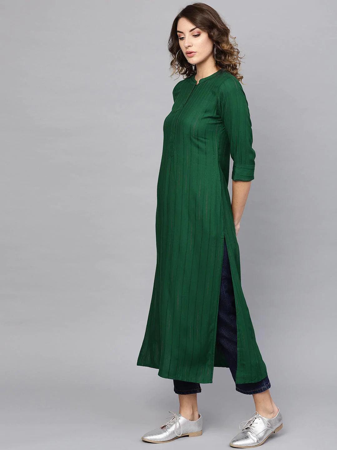 Green Striped Rayon Kurta - ShopLibas