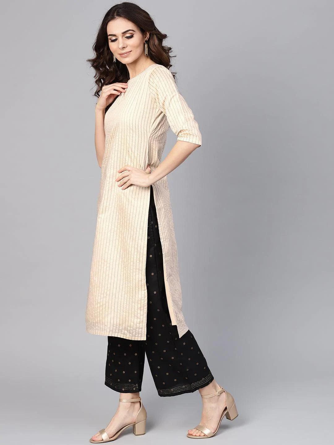 Beige Striped Chanderi Kurta - ShopLibas