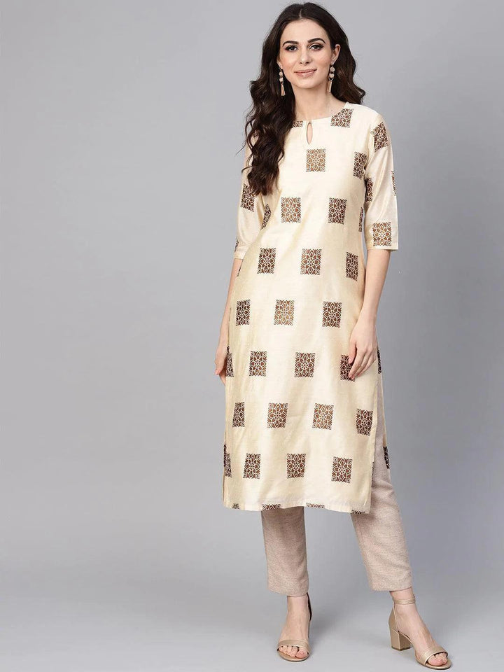 Beige Woven Design Chanderi Kurta