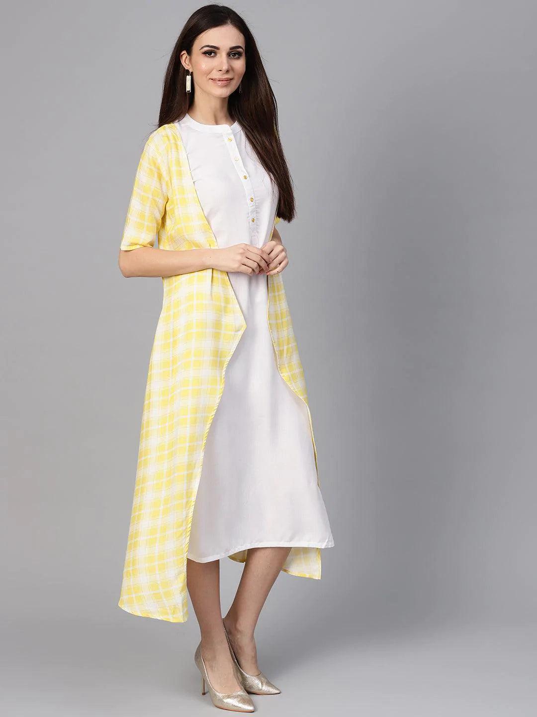 Yellow Checkered Rayon Dress With Jacket - ShopLibas