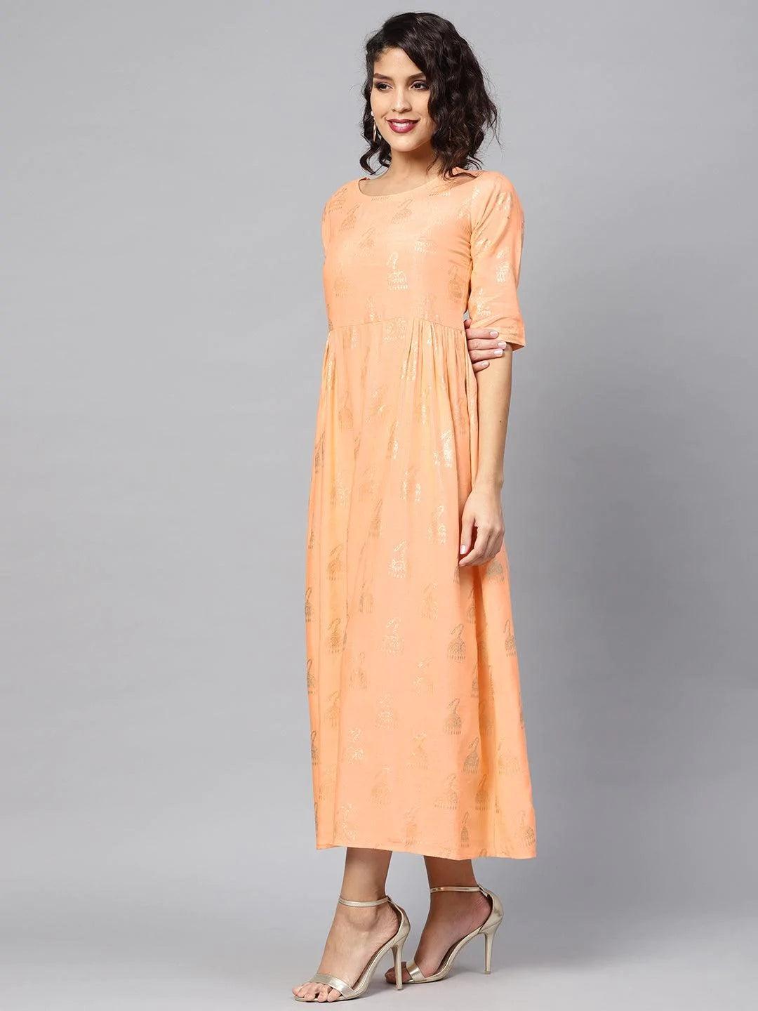 Peach Printed Cotton Dress - ShopLibas