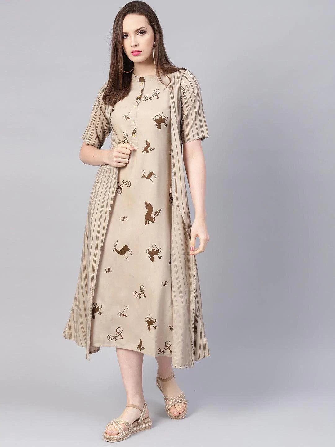 Grey Printed Rayon Dress With Jacket - ShopLibas