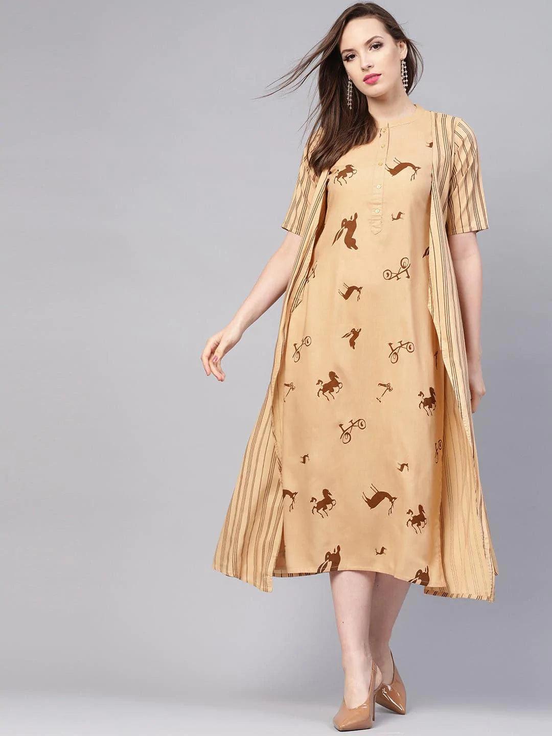 Beige Printed Rayon Dress With Jacket - ShopLibas