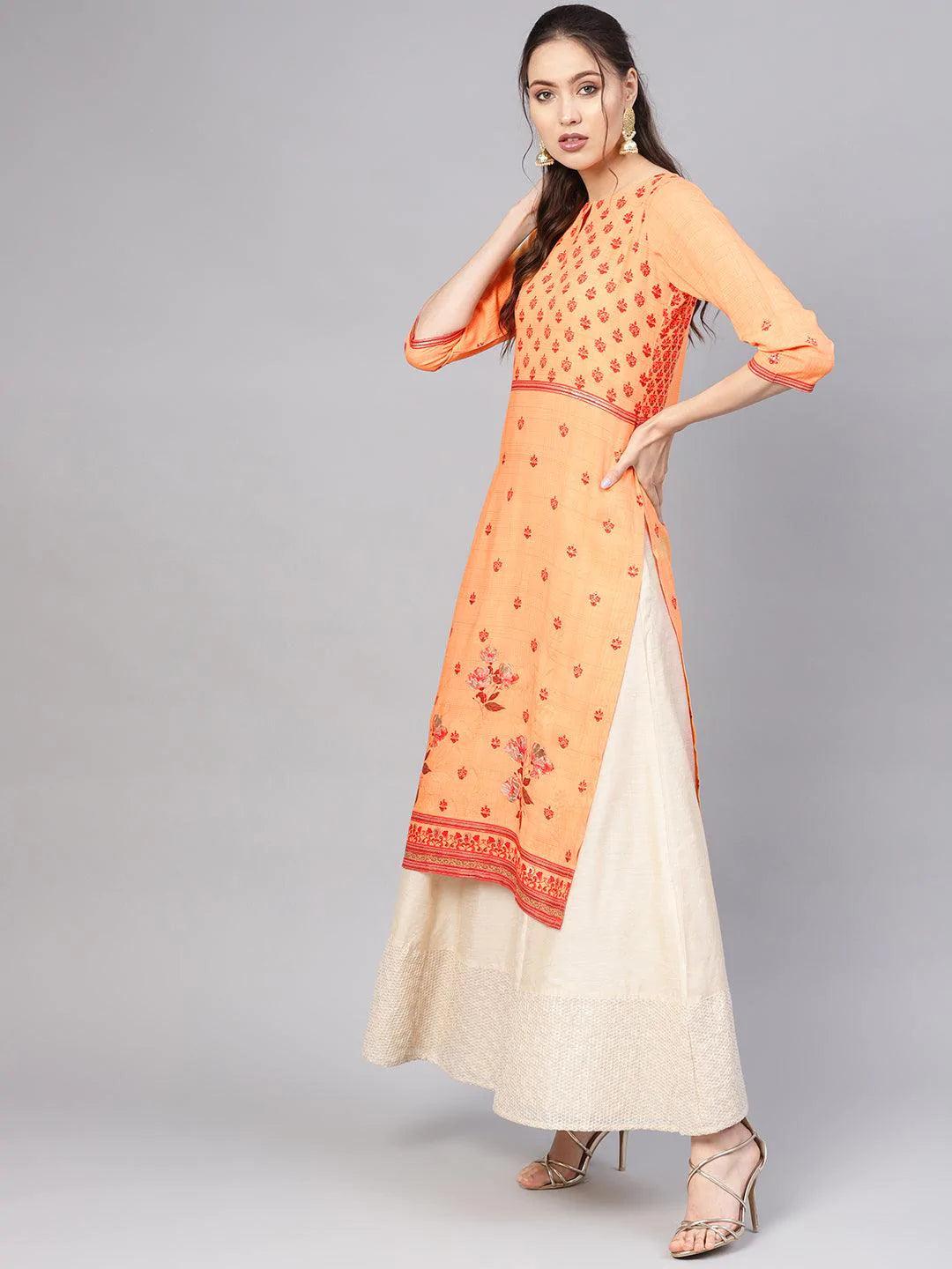 Orange Printed Rayon Kurta - ShopLibas