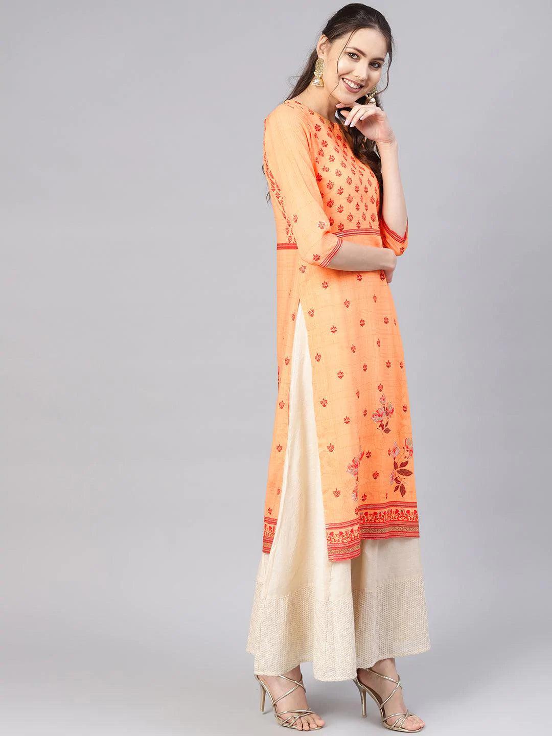 Orange Printed Rayon Kurta - ShopLibas