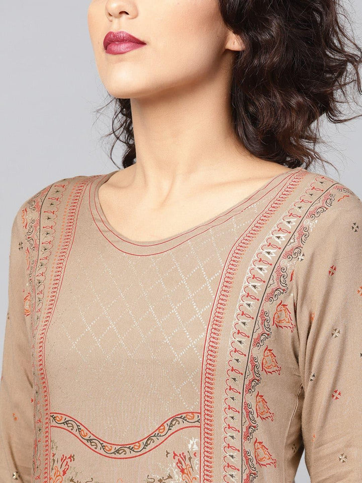 Beige Printed Rayon Kurta