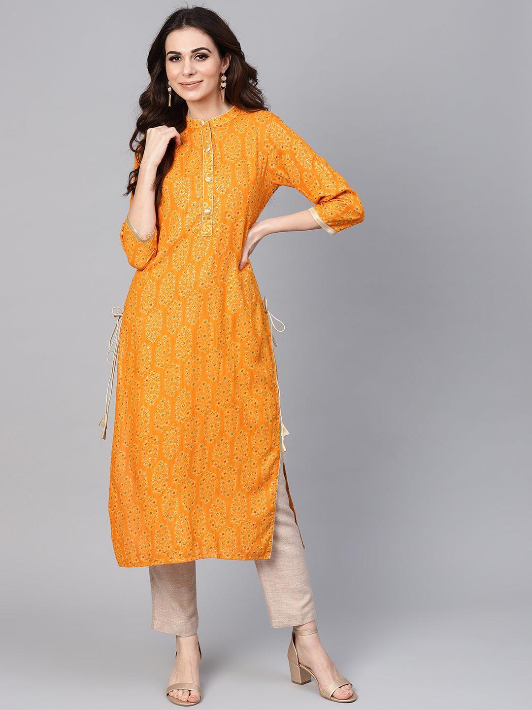 Mustard Printed Rayon Kurta - ShopLibas