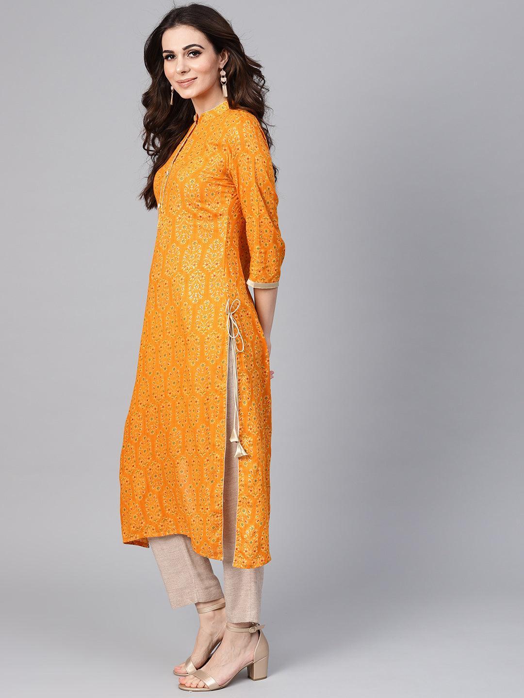 Mustard Printed Rayon Kurta - ShopLibas
