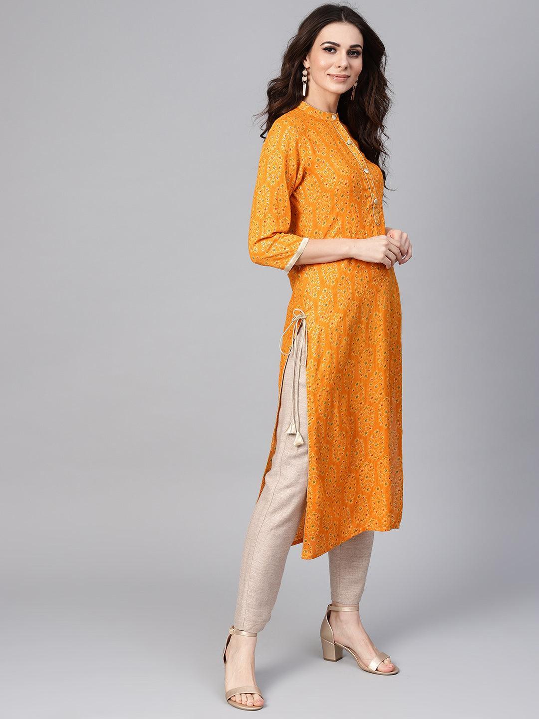 Mustard Printed Rayon Kurta - ShopLibas