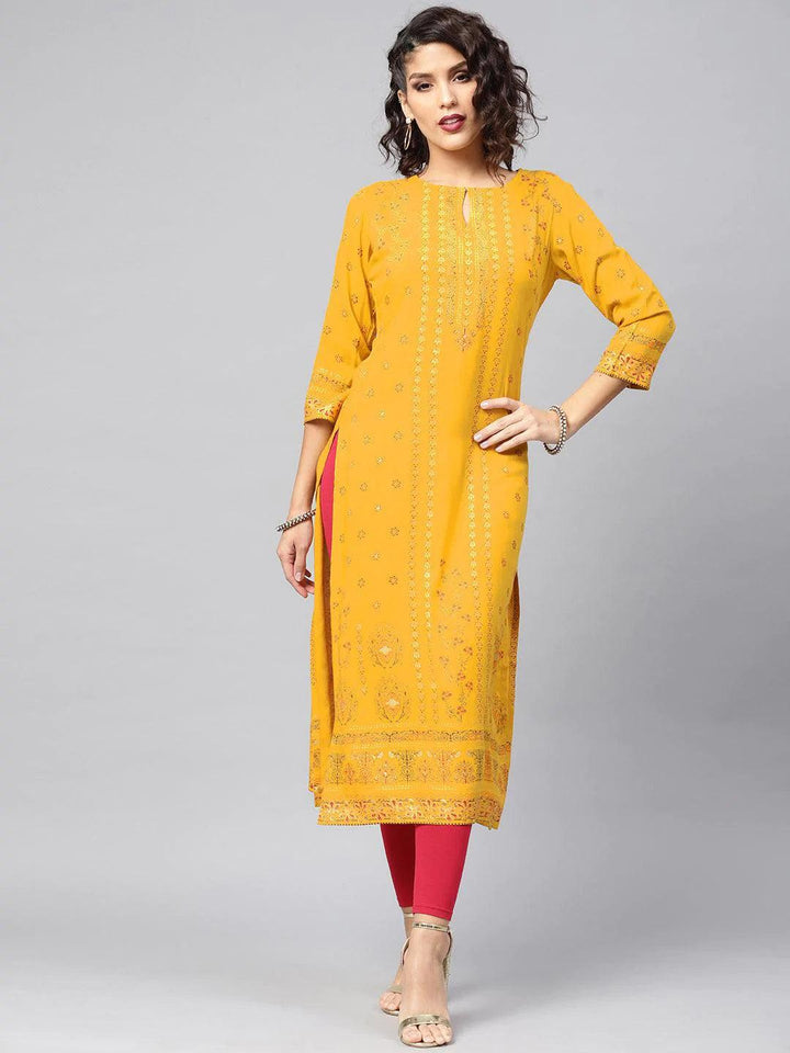 Yellow Printed Rayon Kurta