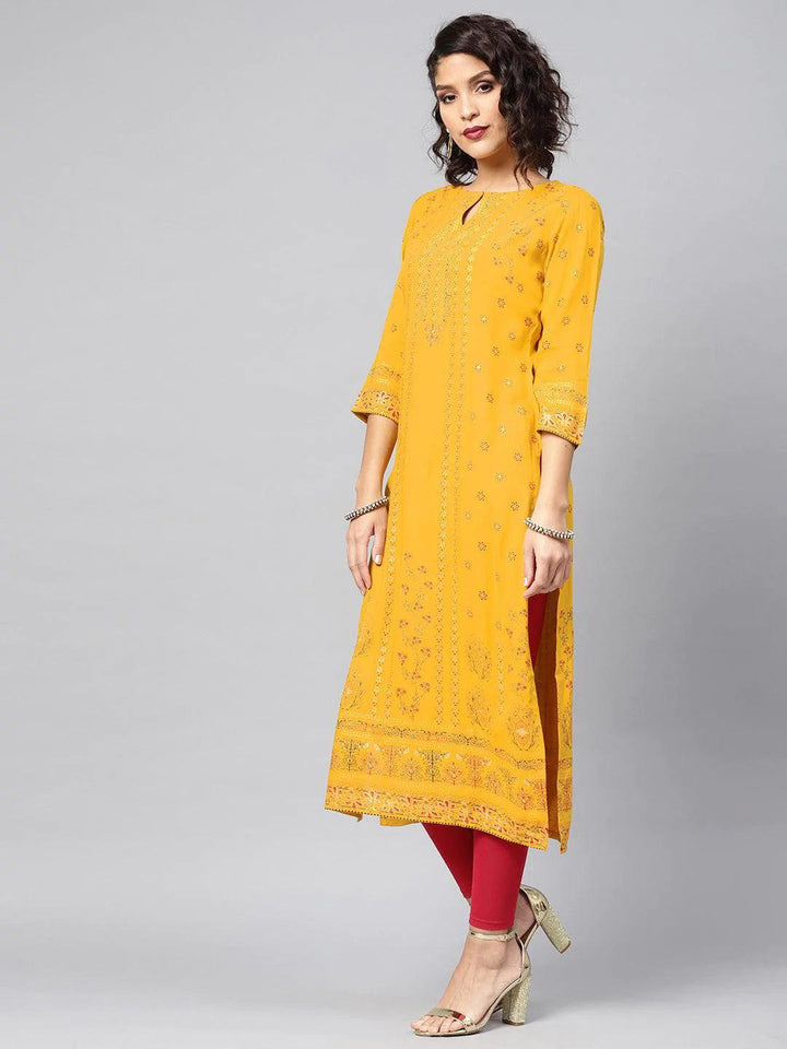 Yellow Printed Rayon Kurta