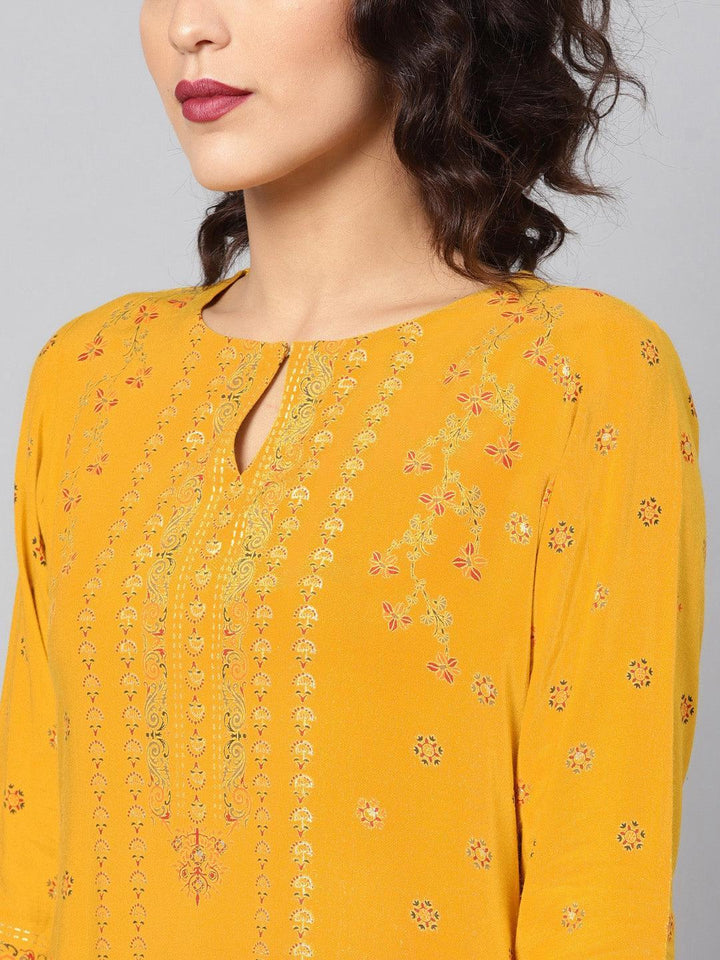 Yellow Printed Rayon Kurta
