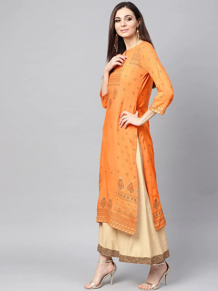 Orange Printed Rayon Kurta