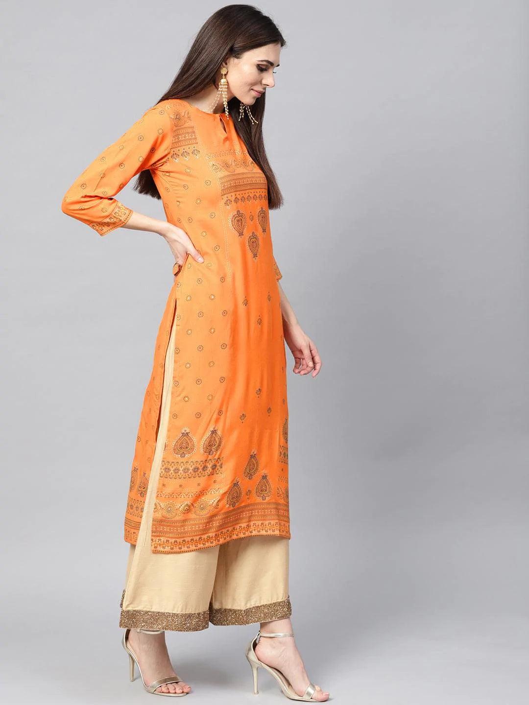 Orange Printed Rayon Kurta - ShopLibas