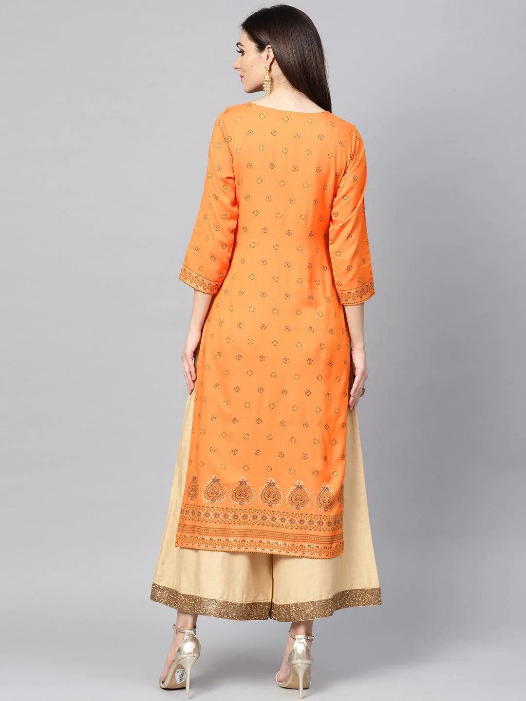 Orange Printed Rayon Kurta - ShopLibas