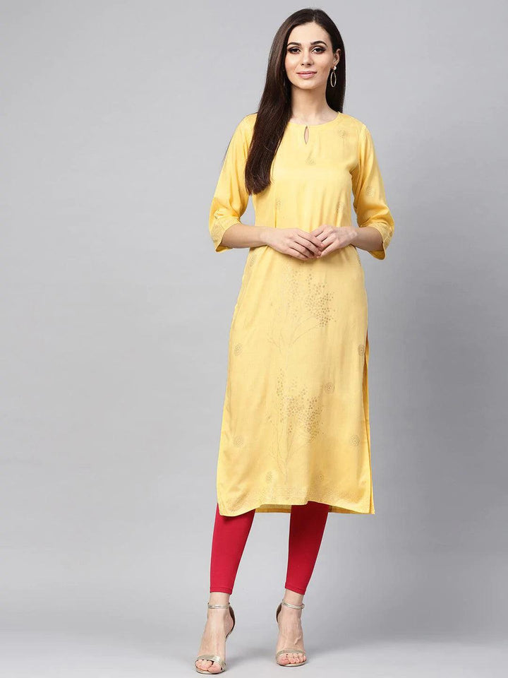 Yellow Printed Rayon Kurta