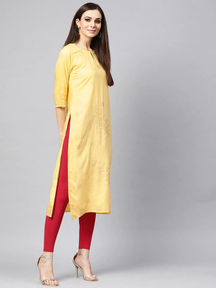 Yellow Printed Rayon Kurta