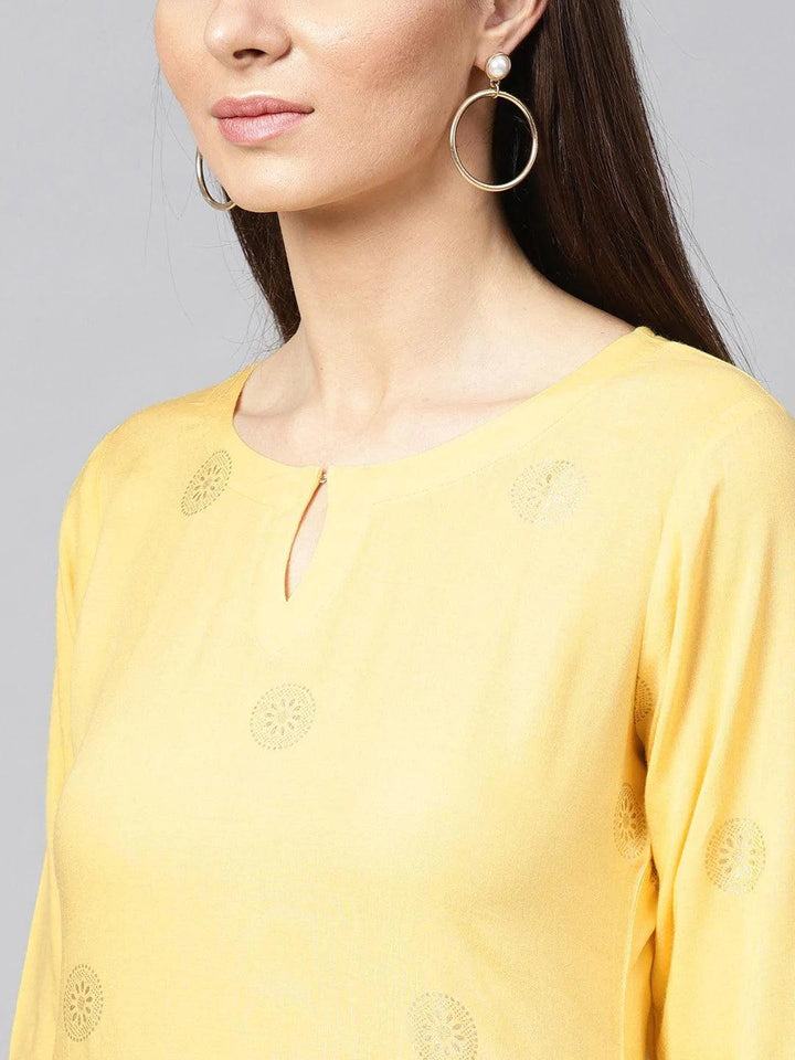 Yellow Printed Rayon Kurta