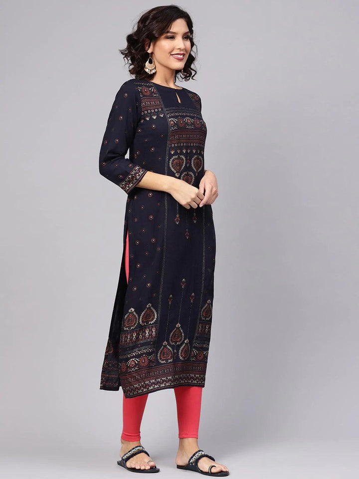 Blue Printed Rayon Kurta