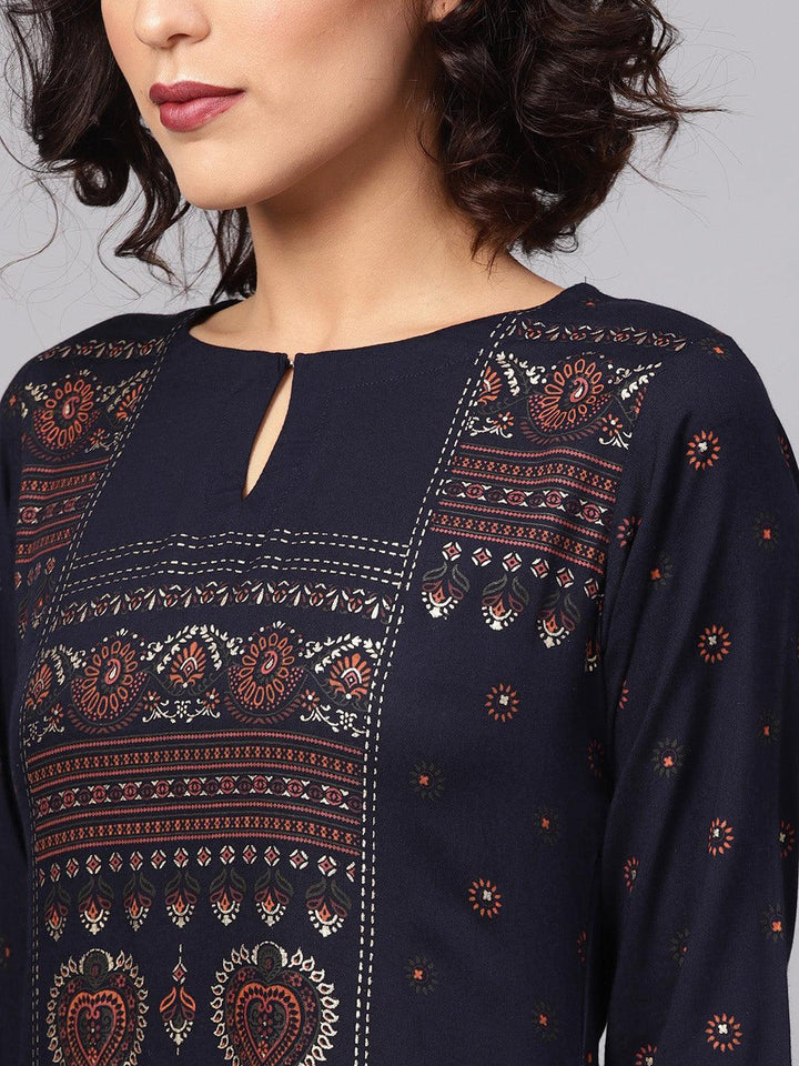 Blue Printed Rayon Kurta