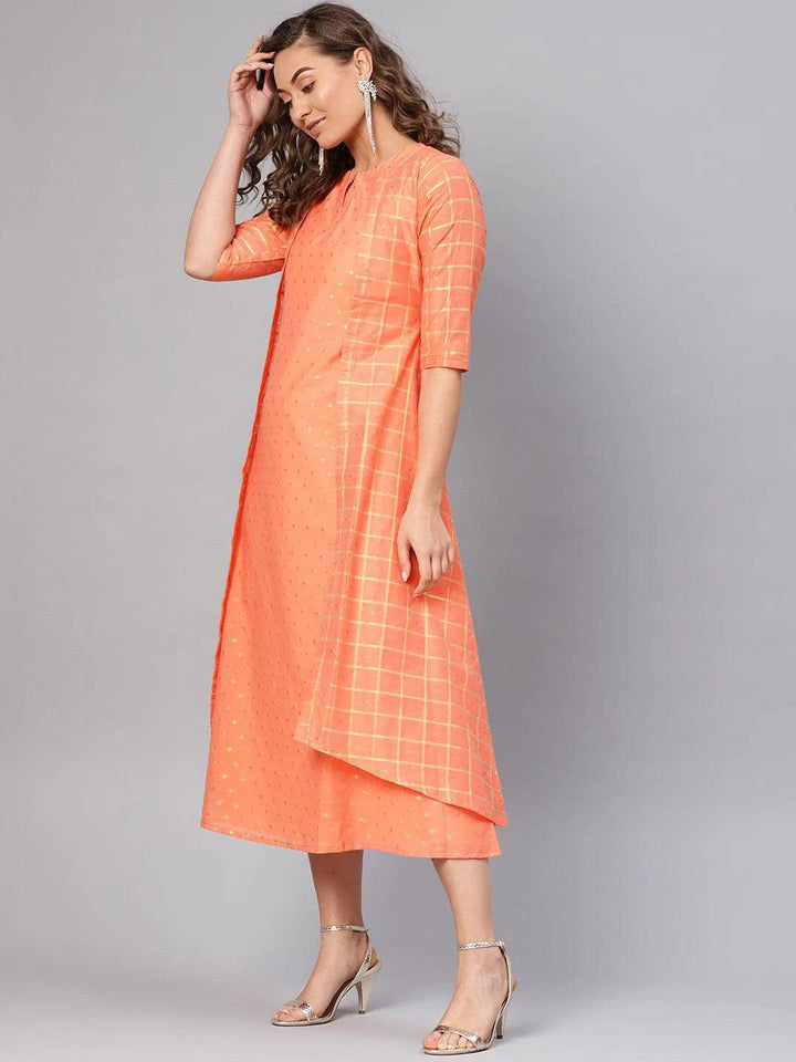 Orange Self Design Chanderi Dress With Jacket