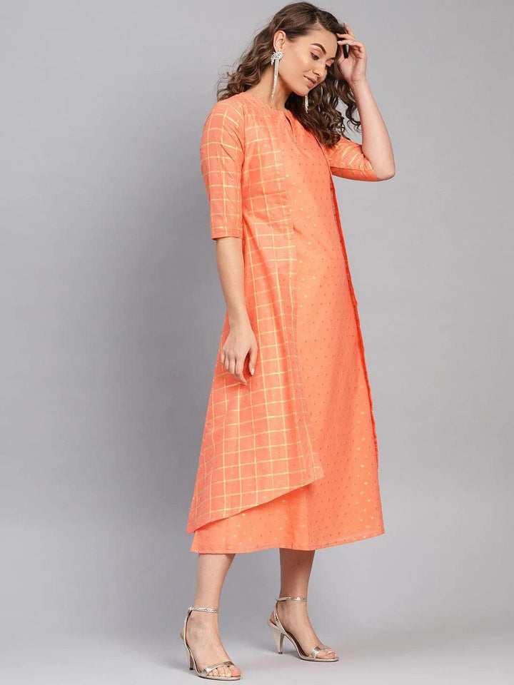 Orange Self Design Chanderi Dress With Jacket