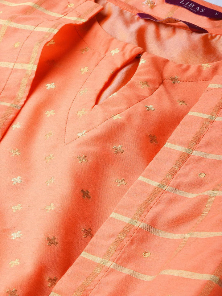 Orange Self Design Chanderi Dress With Jacket