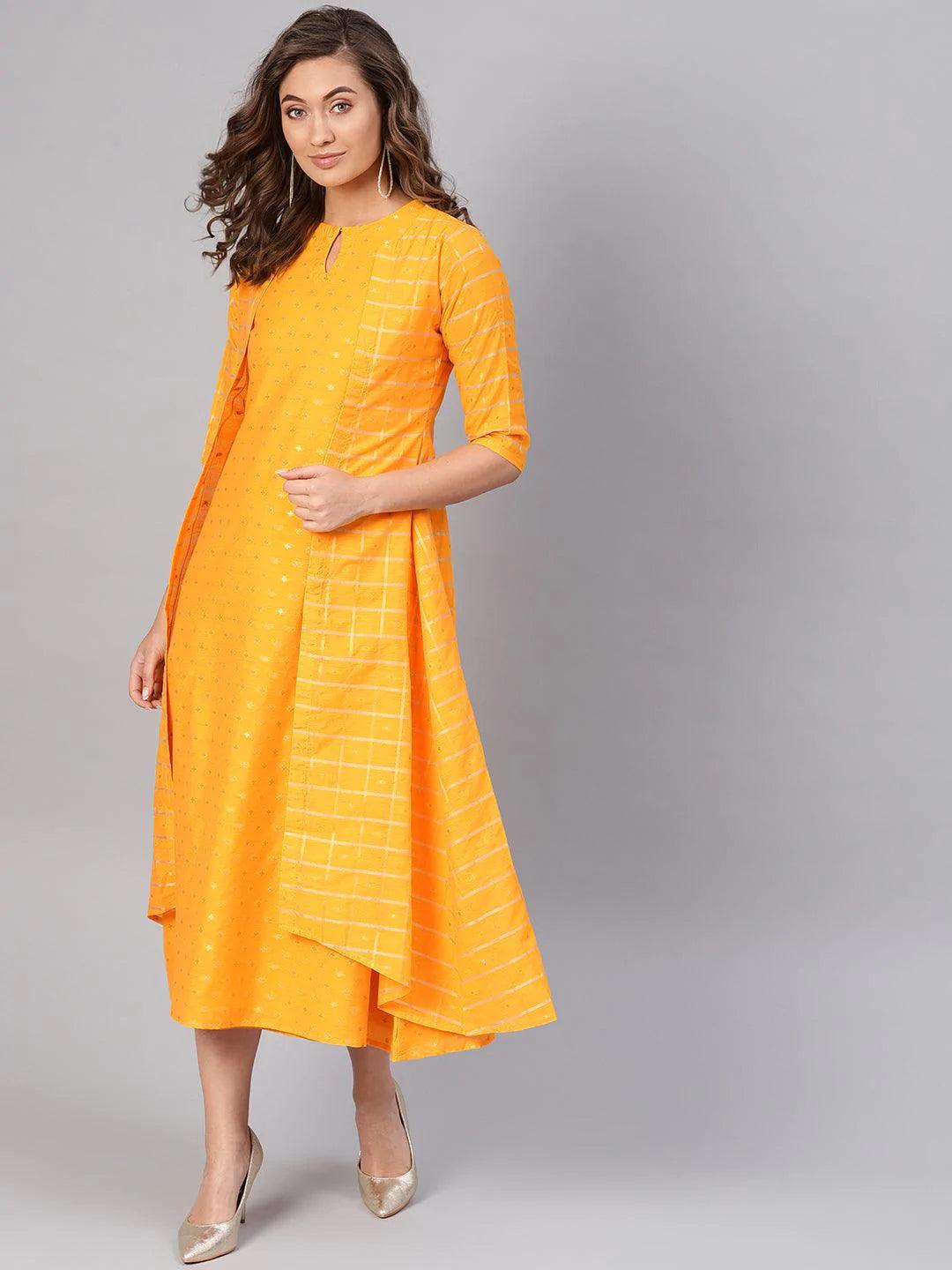 Yellow Self Design Chanderi Dress With Jacket - ShopLibas