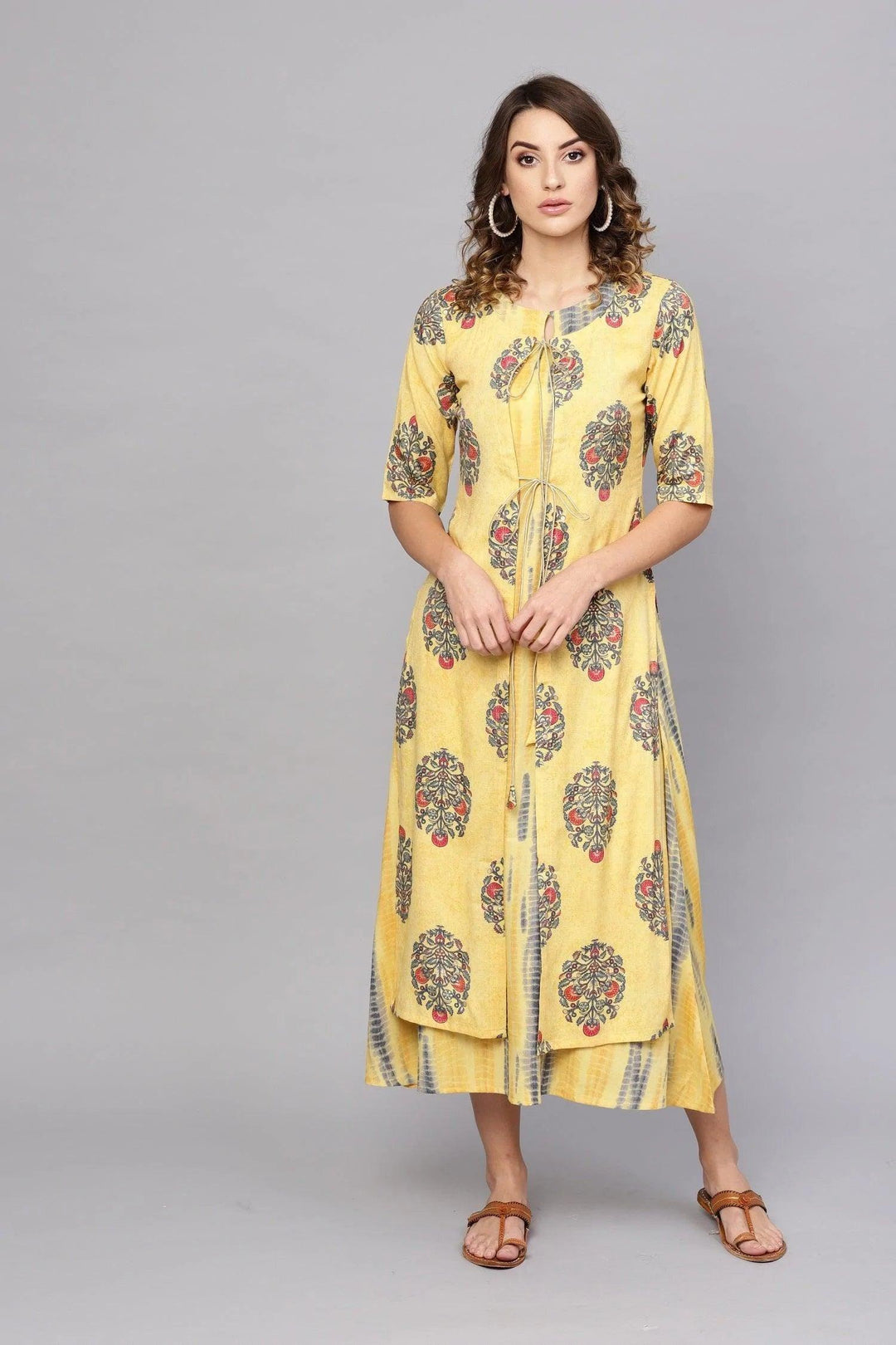 Yellow Printed Rayon Dress With Jacket - ShopLibas
