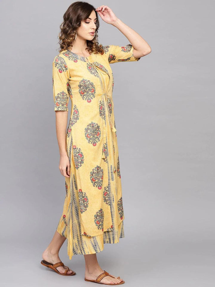 Yellow Printed Rayon Dress With Jacket