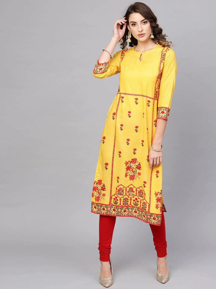 Yellow Printed Rayon Kurta