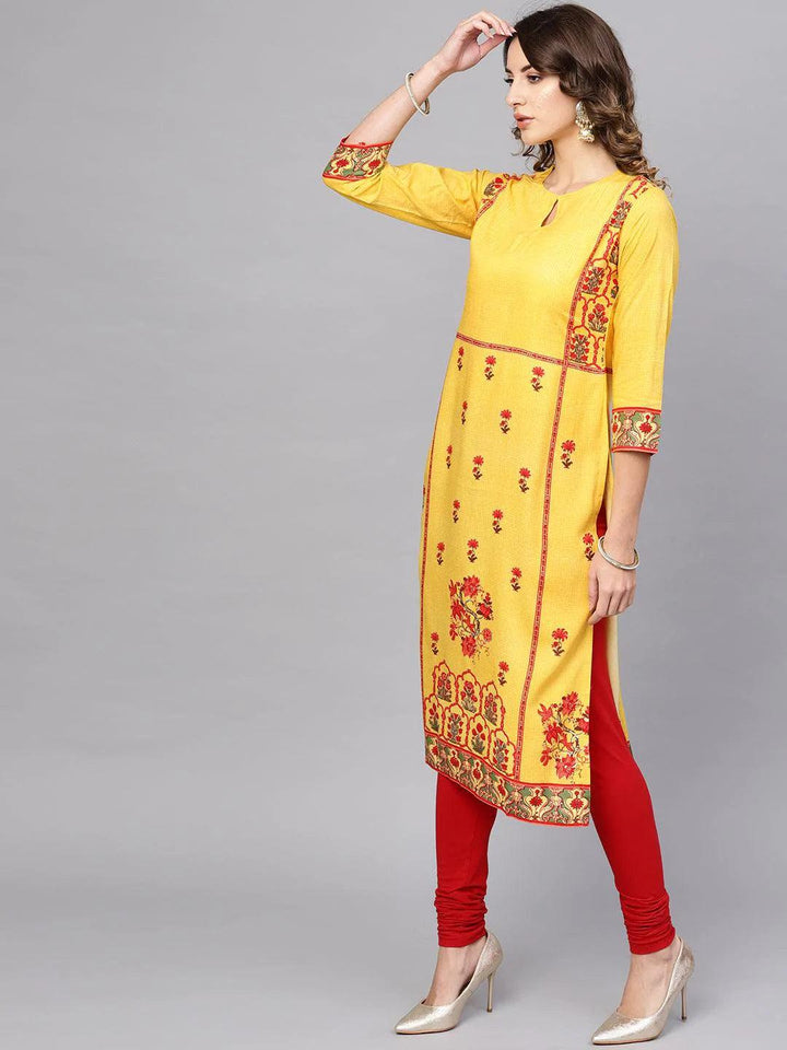 Yellow Printed Rayon Kurta