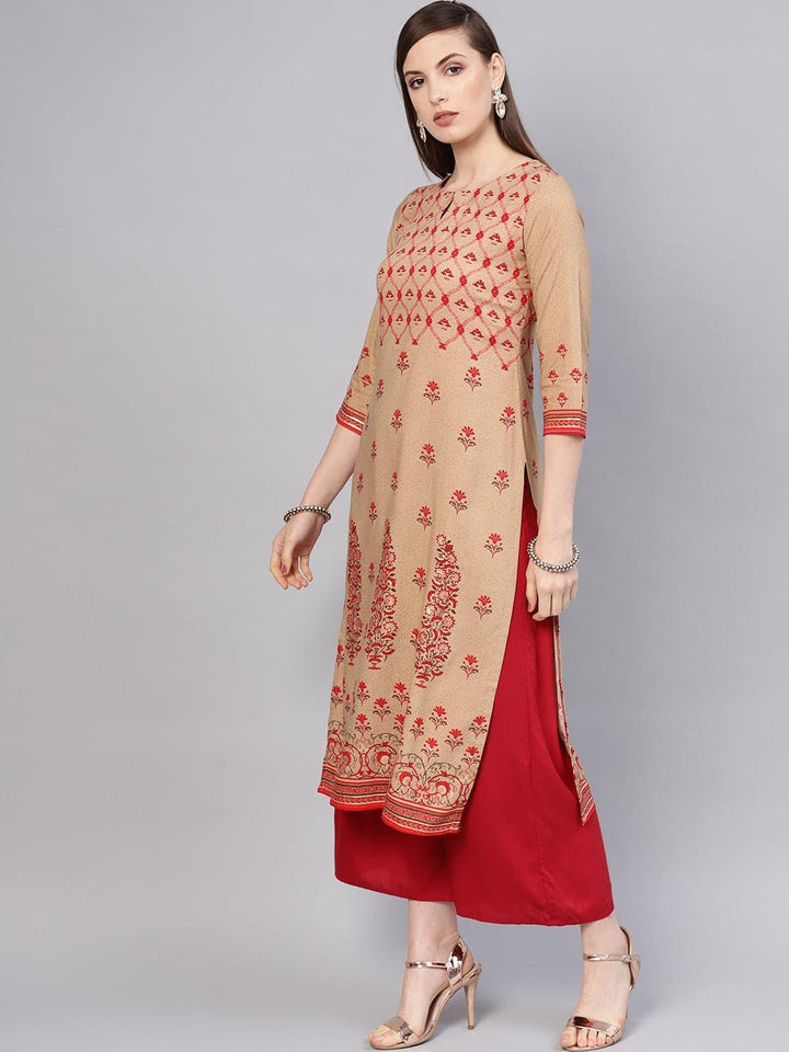 Beige Printed Rayon Kurta