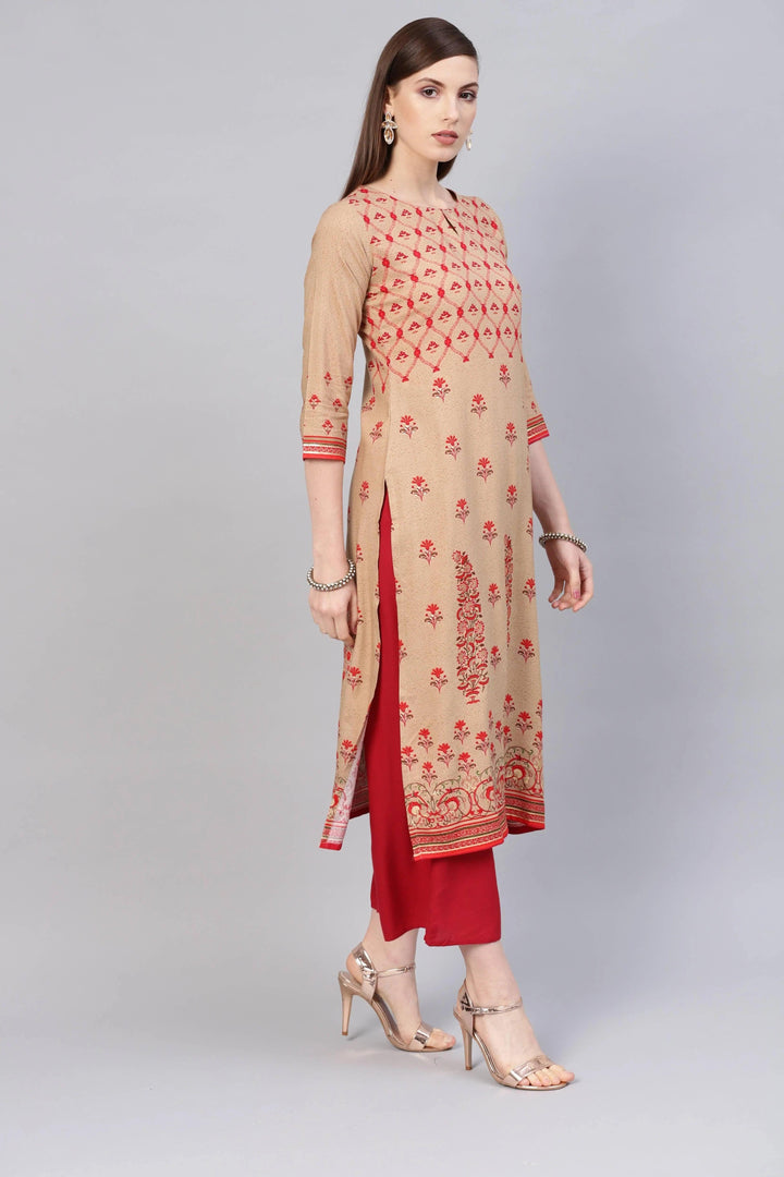 Beige Printed Rayon Kurta