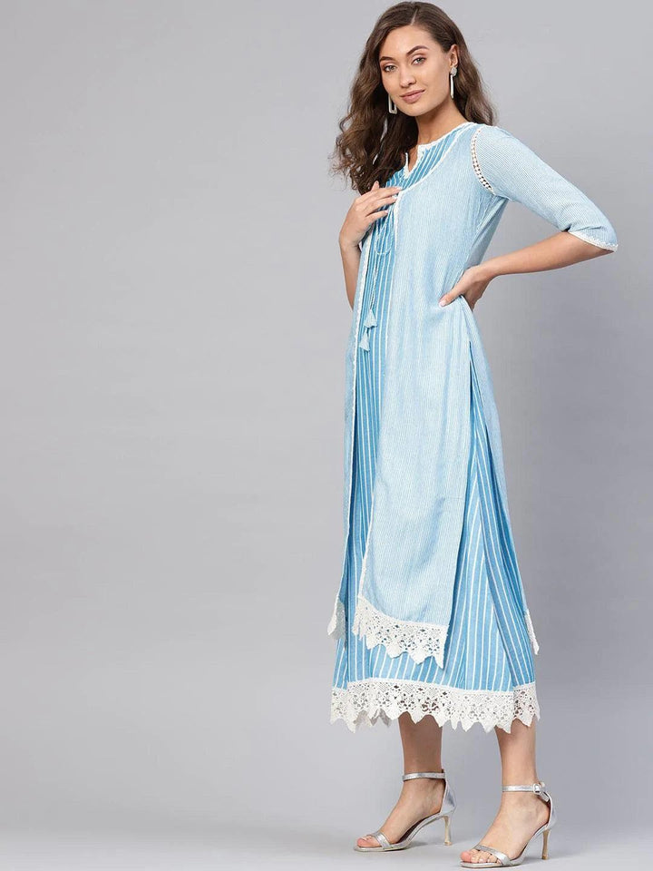 Blue Striped Cotton Dress With Jacket