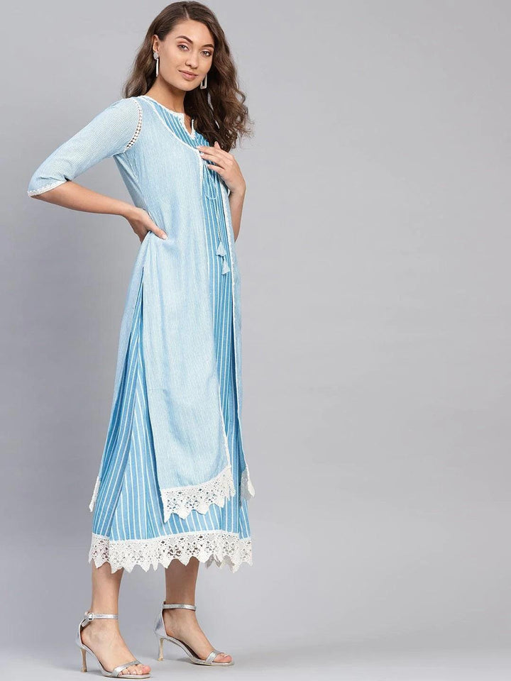 Blue Striped Cotton Dress With Jacket