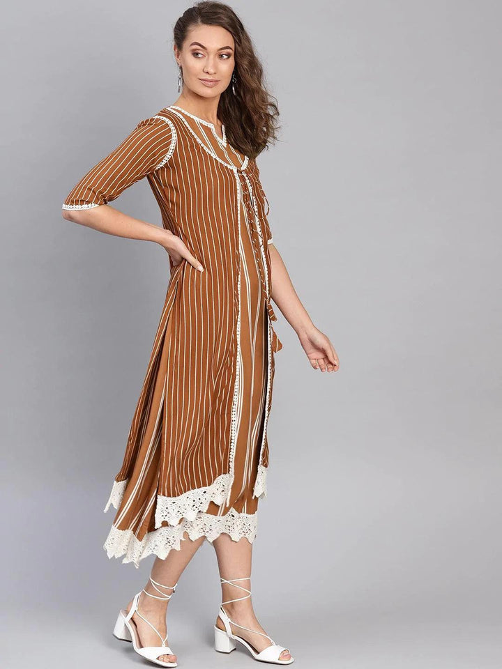 Brown Striped Rayon Dress With Jacket