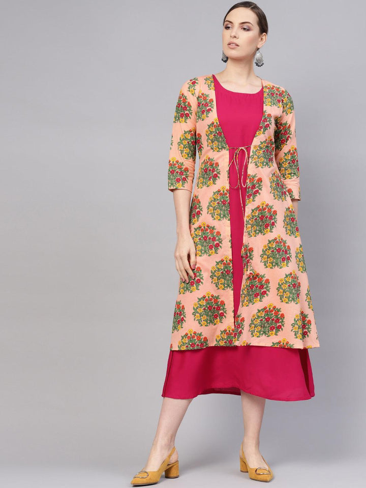 Pink Printed Rayon Dress With Shrug