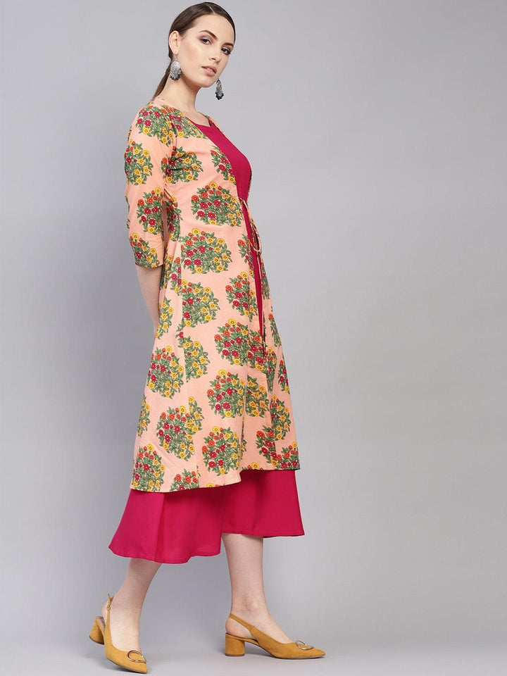 Pink Printed Rayon Dress With Shrug