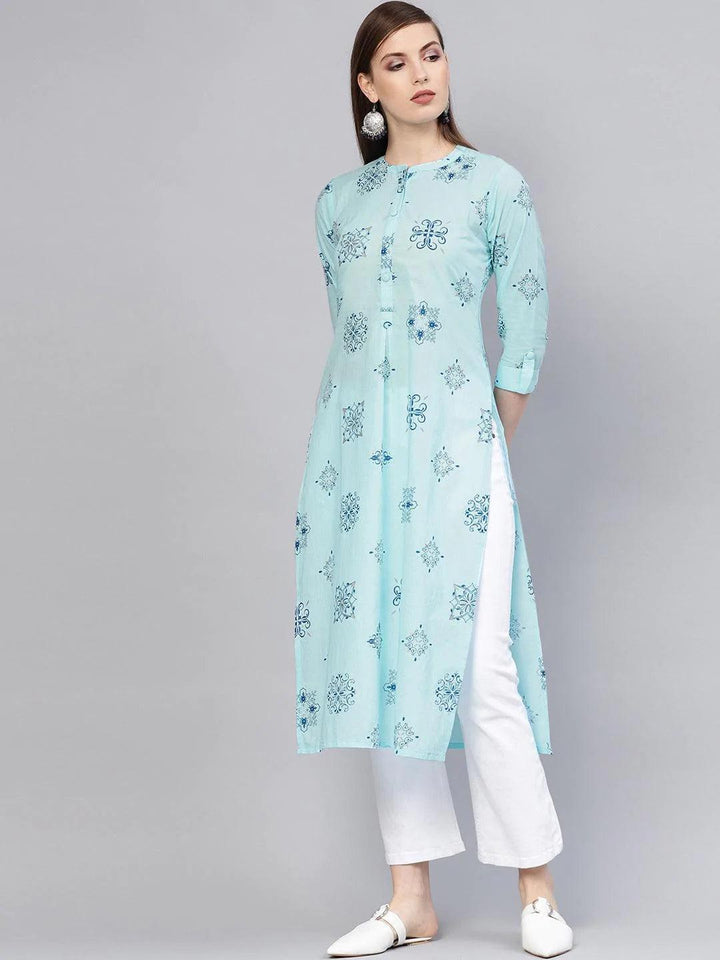 Blue Printed Cotton Kurta
