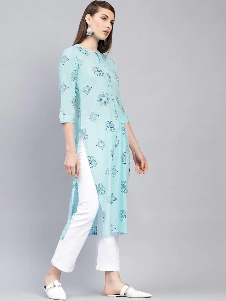 Blue Printed Cotton Kurta