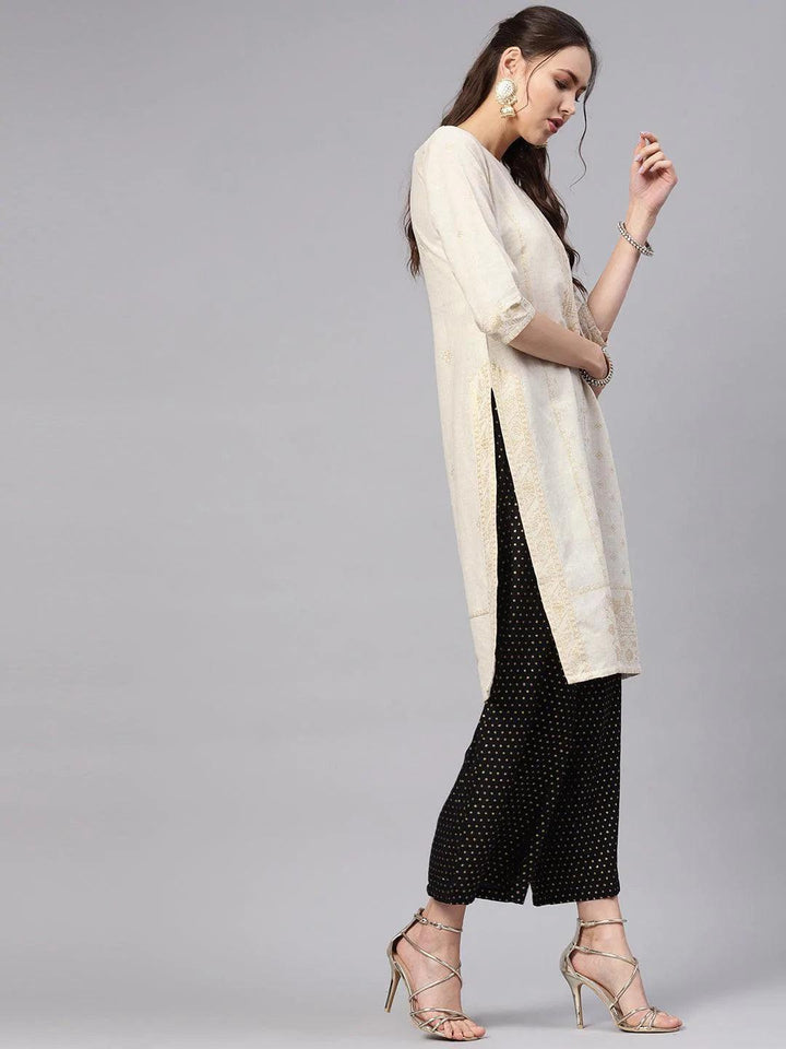 Beige Printed Cotton Kurta