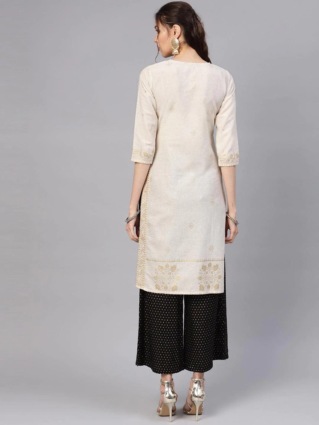 Beige Printed Cotton Kurta - ShopLibas