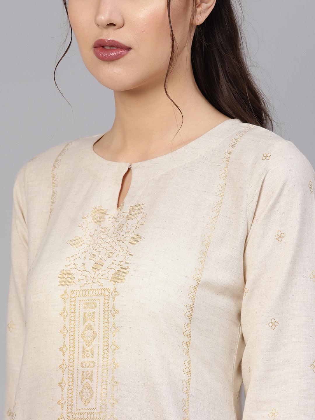Beige Printed Cotton Kurta - ShopLibas